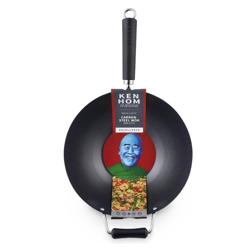 Ken Hom 12" Carbon Steel Nonstick Stir Fry Wok - Soft Touch Helper Handle and Lightweight Flat Bottom Design - Image 1